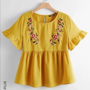 SHEIN embroidered yellow/gold peplum top